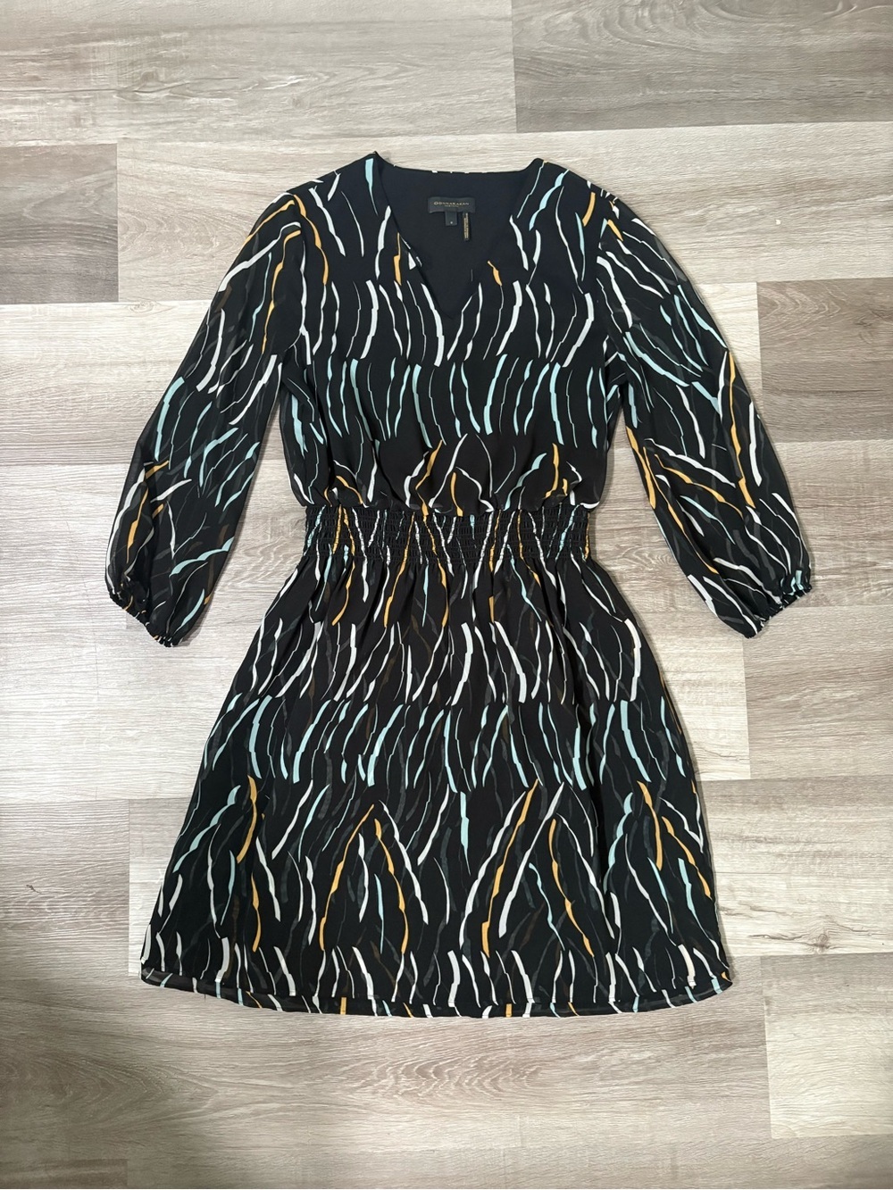Donna Karan Black Long Sleeve V-Neck Dress with Teal, White & Mustard Pattern